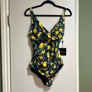 Swim suit one piece lemon & navy blue with French cut legs and multi fit cups